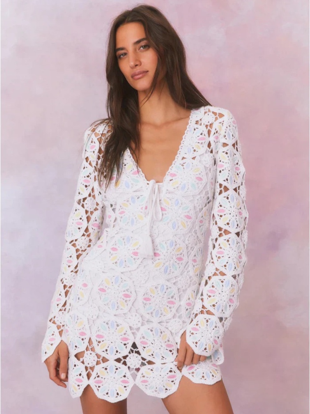 LoveShackFancy Poemes White Crochet Floral Tie-Front dress with removable lining